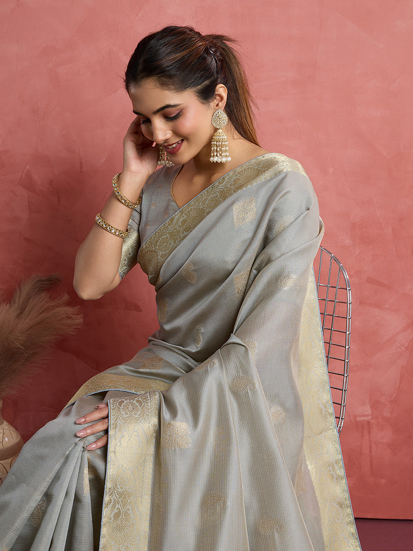 Light Grey Soft Silk Weaving Saree for Ceremonial Occasions
