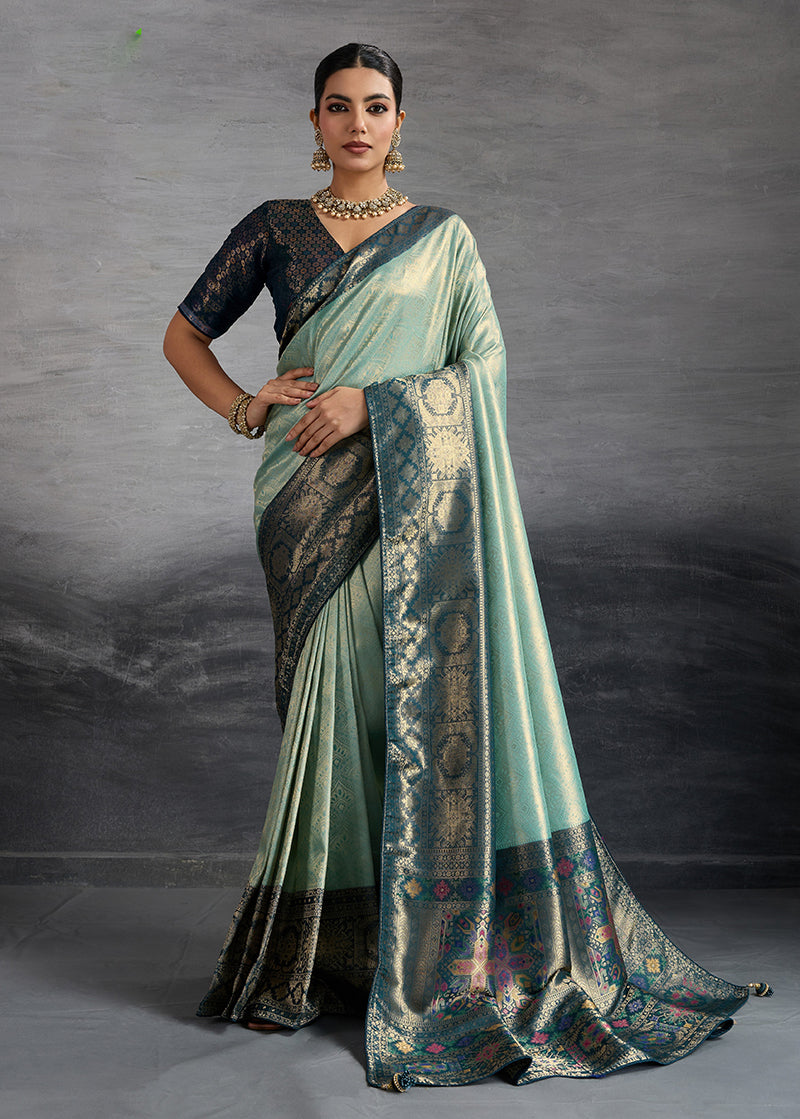 Sky Blue soft Kanjivaram silk saree with intricate Meenakari weaving