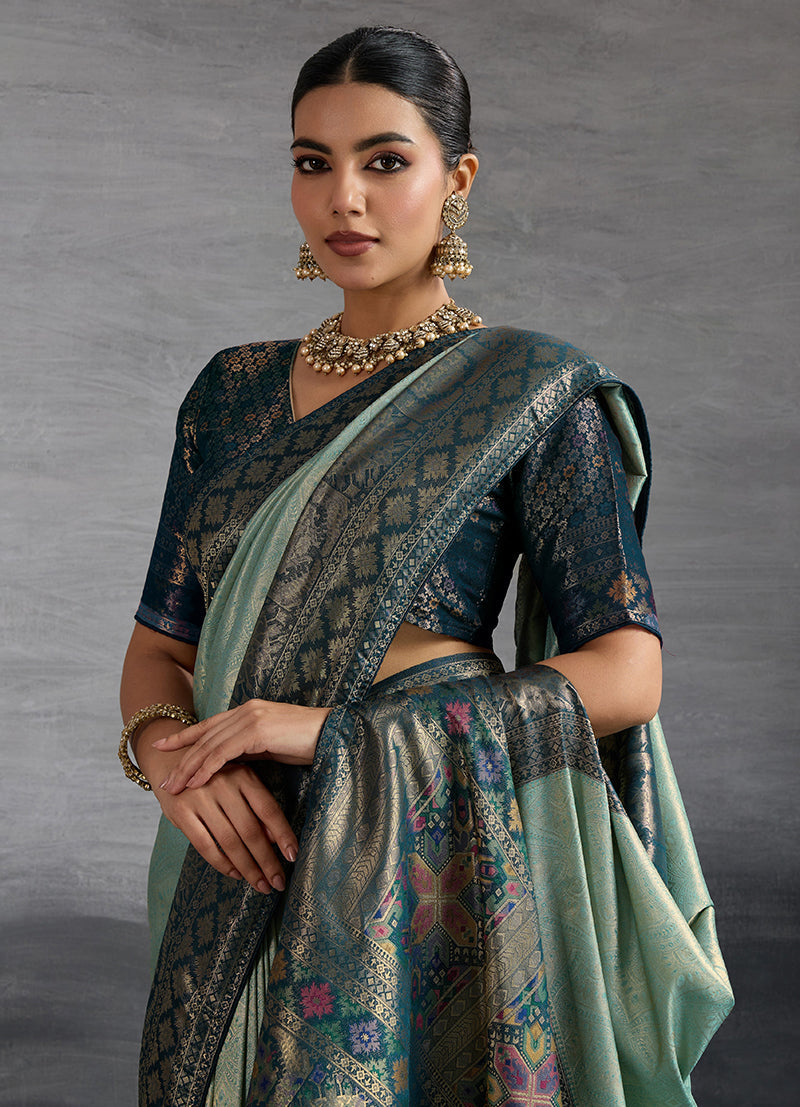 Sky Blue Soft Kanjivaram Silk Saree with Meenakari Weaving