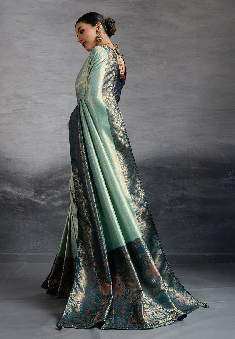 Sky Blue Soft Kanjivaram Silk Saree with Meenakari Weaving
