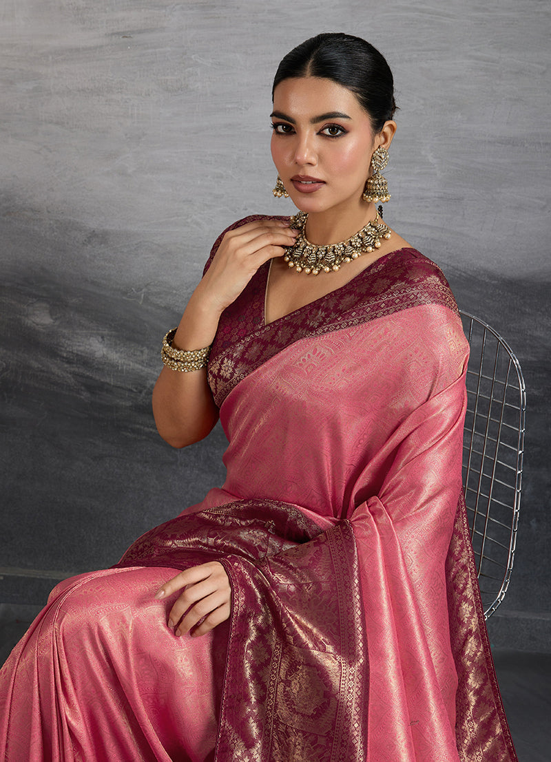 Pink Soft Kanjivaram Silk Saree with Meenakari Weaving
