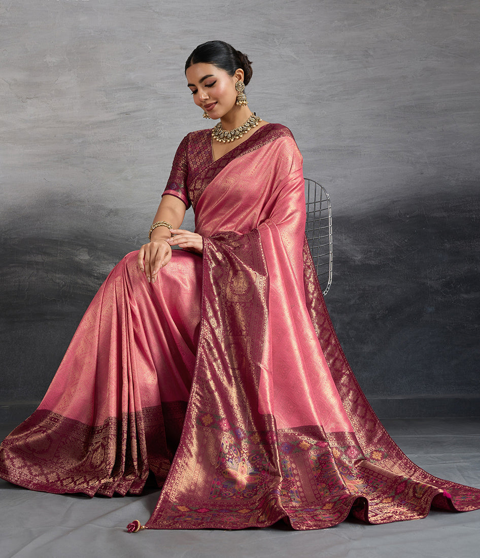 Pink Soft Kanjivaram Silk Saree with Meenakari Weaving