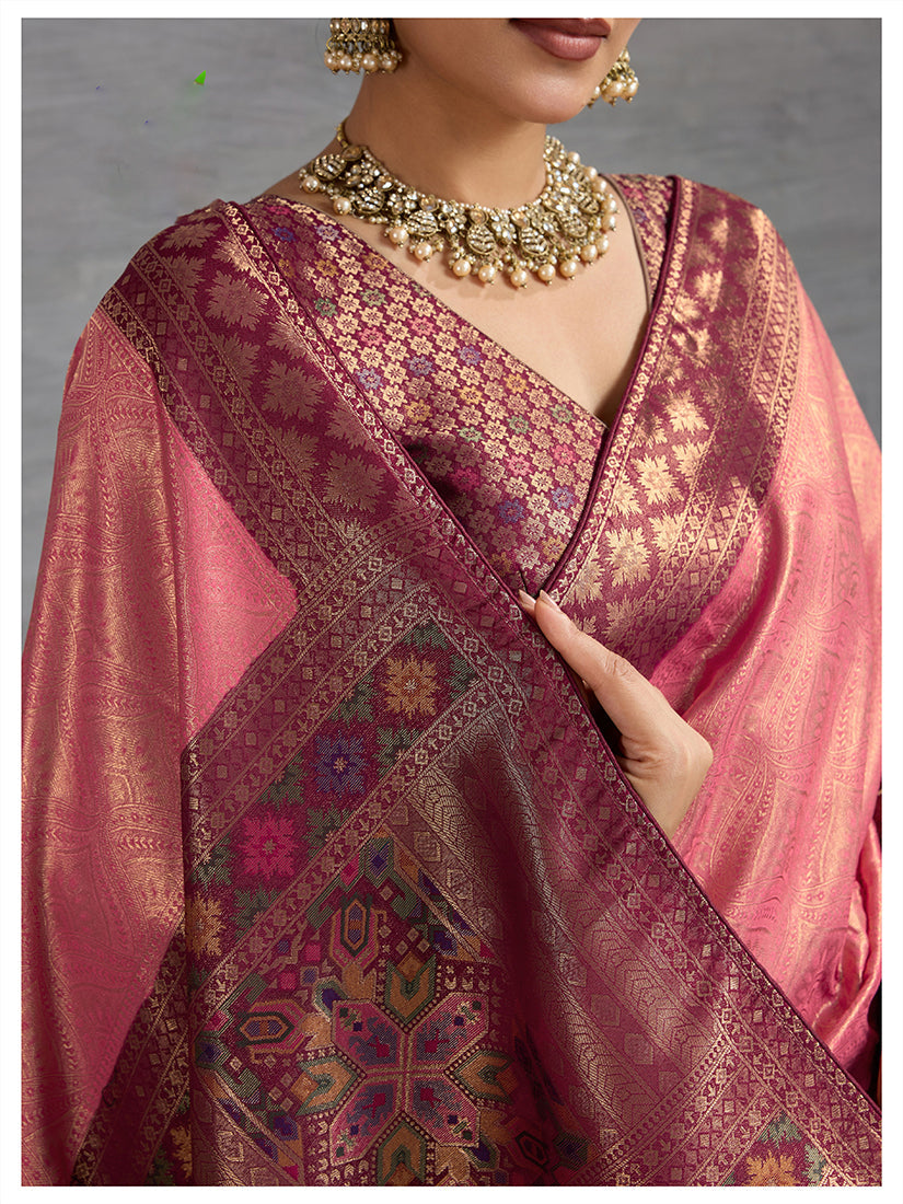 Pink Soft Kanjivaram Silk Saree with Meenakari Weaving