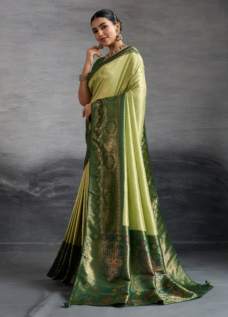 Parrot Green Soft Kanjivaram Silk Saree with Meenakari Weave