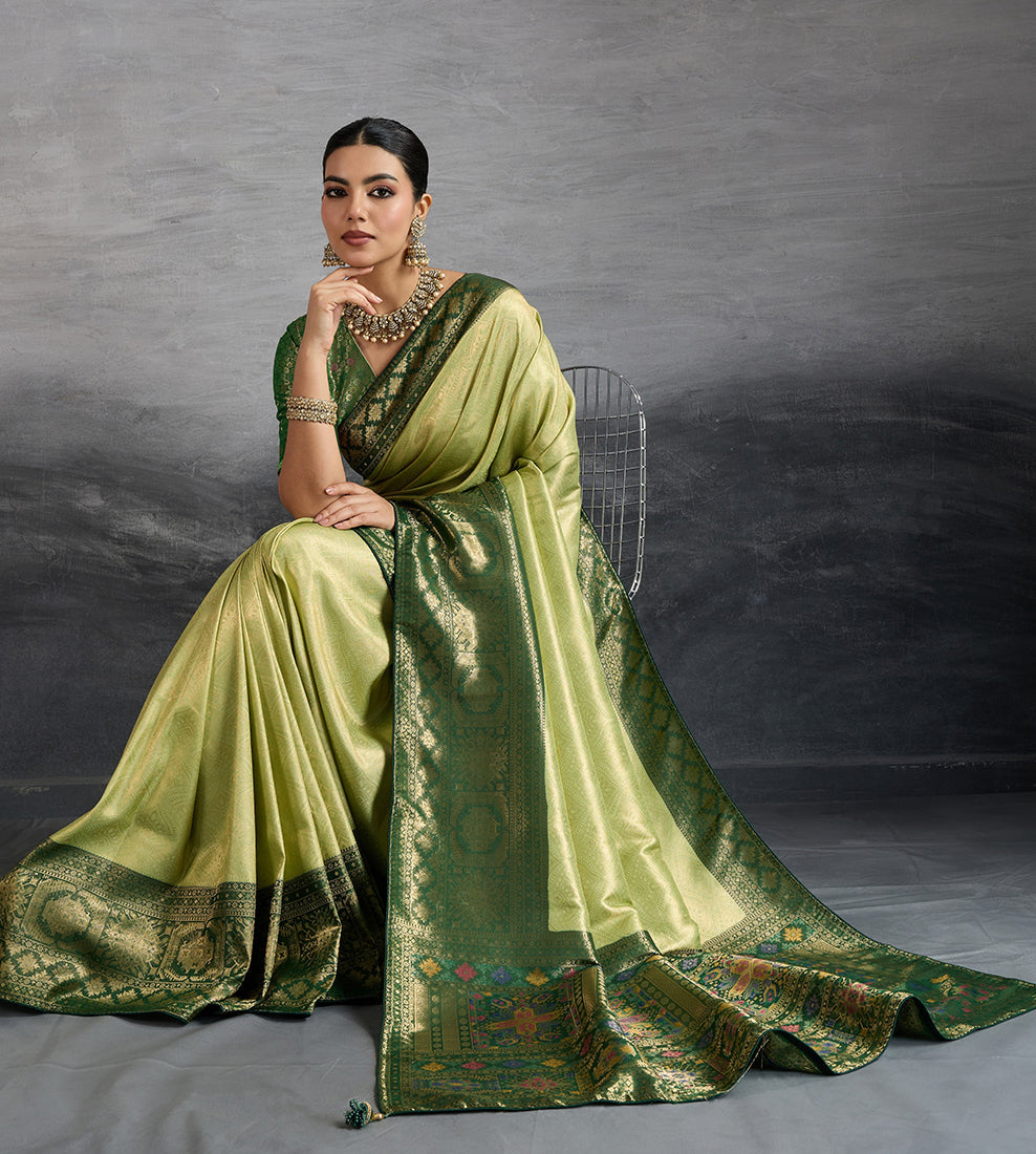 Parrot Green Soft Kanjivaram Silk Saree with Meenakari Weave