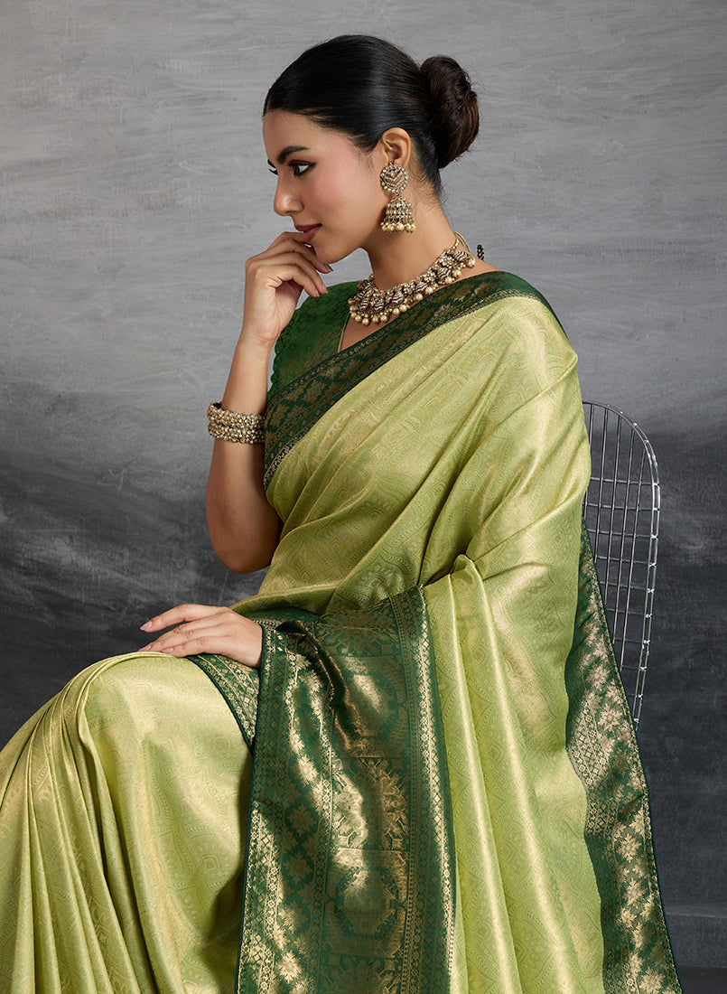 Parrot Green Soft Kanjivaram Silk Saree with Meenakari Weave