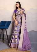 Purple Dola Satin Saree with digital prints and an elegant gold zari border