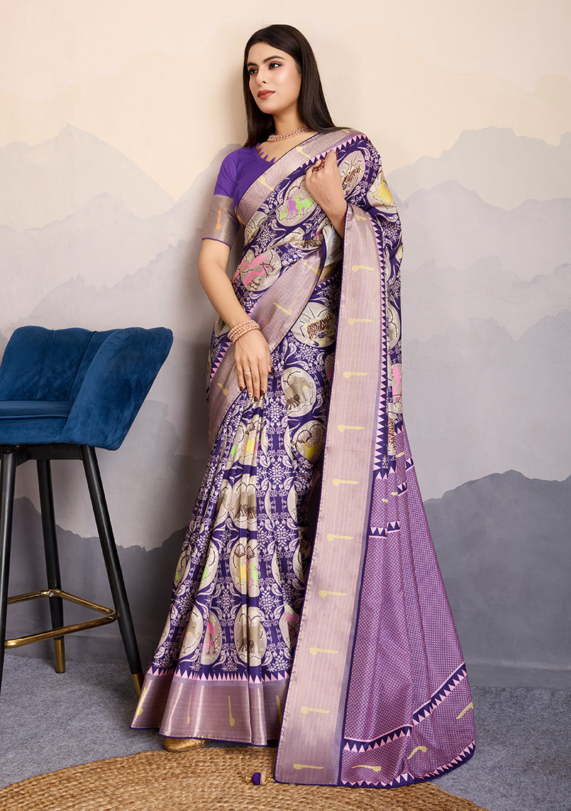 Purple Dola Satin Saree with digital prints and an elegant gold zari border