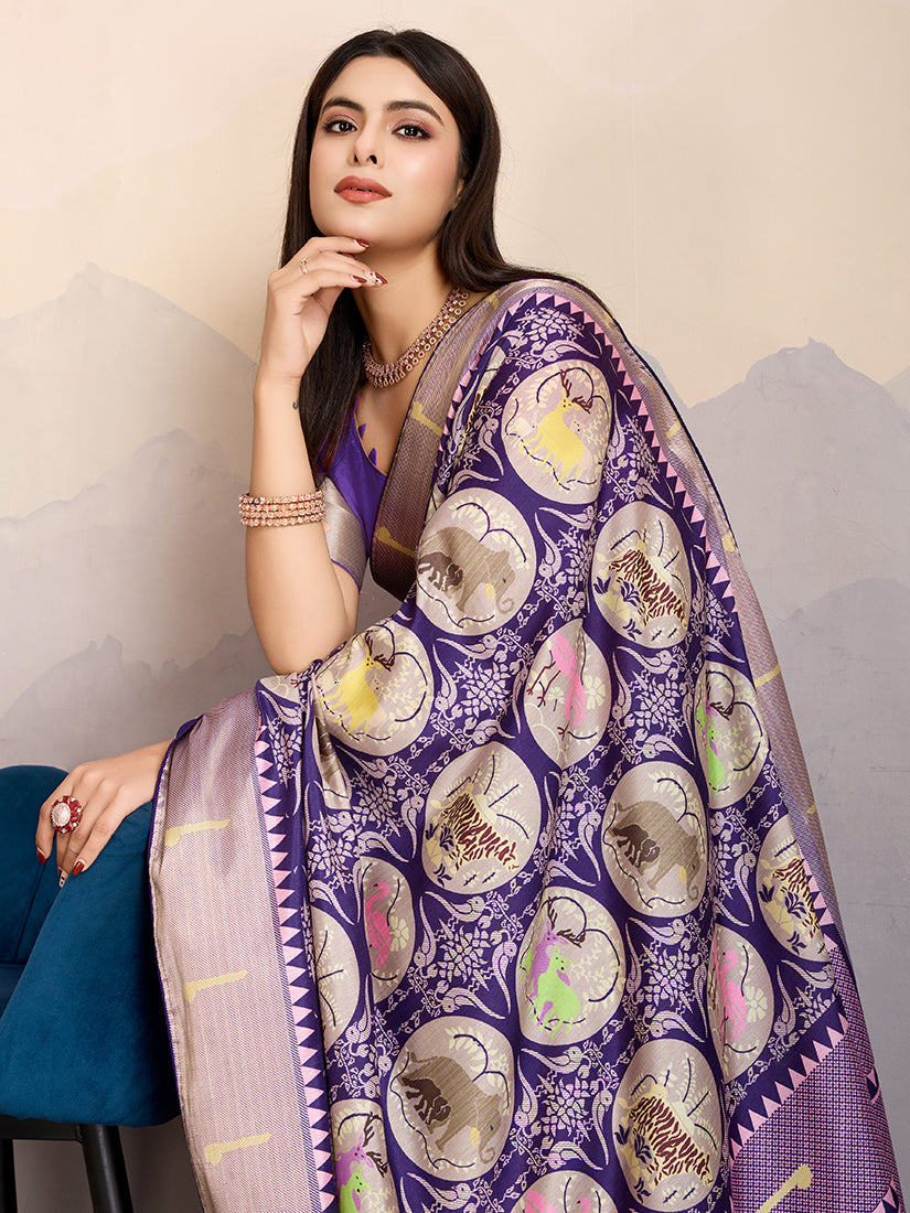 Purple Dola Satin Digital Printed Saree with Zari Border