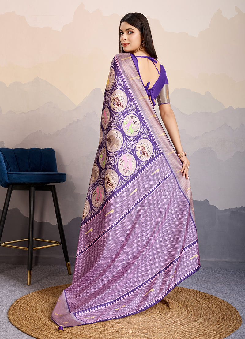 Purple Dola Satin Digital Printed Saree with Zari Border