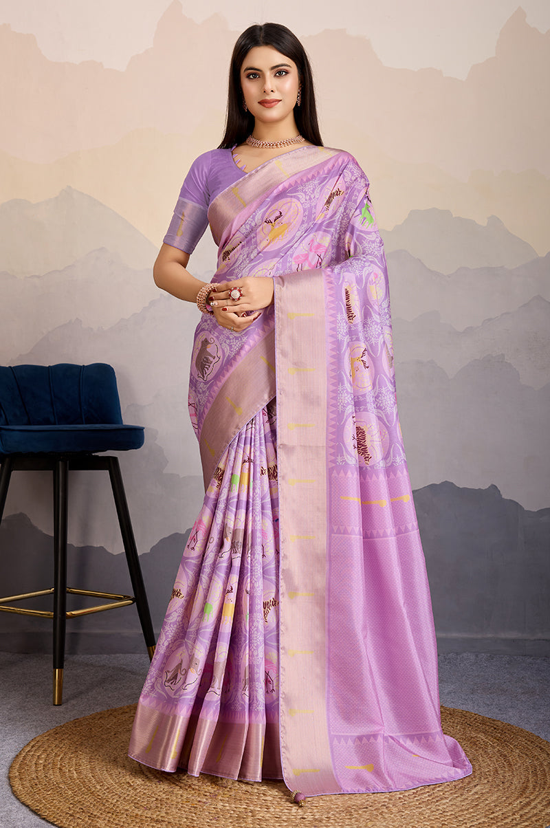 Lilac Dola Satin saree with digital prints and an elegant Zari border