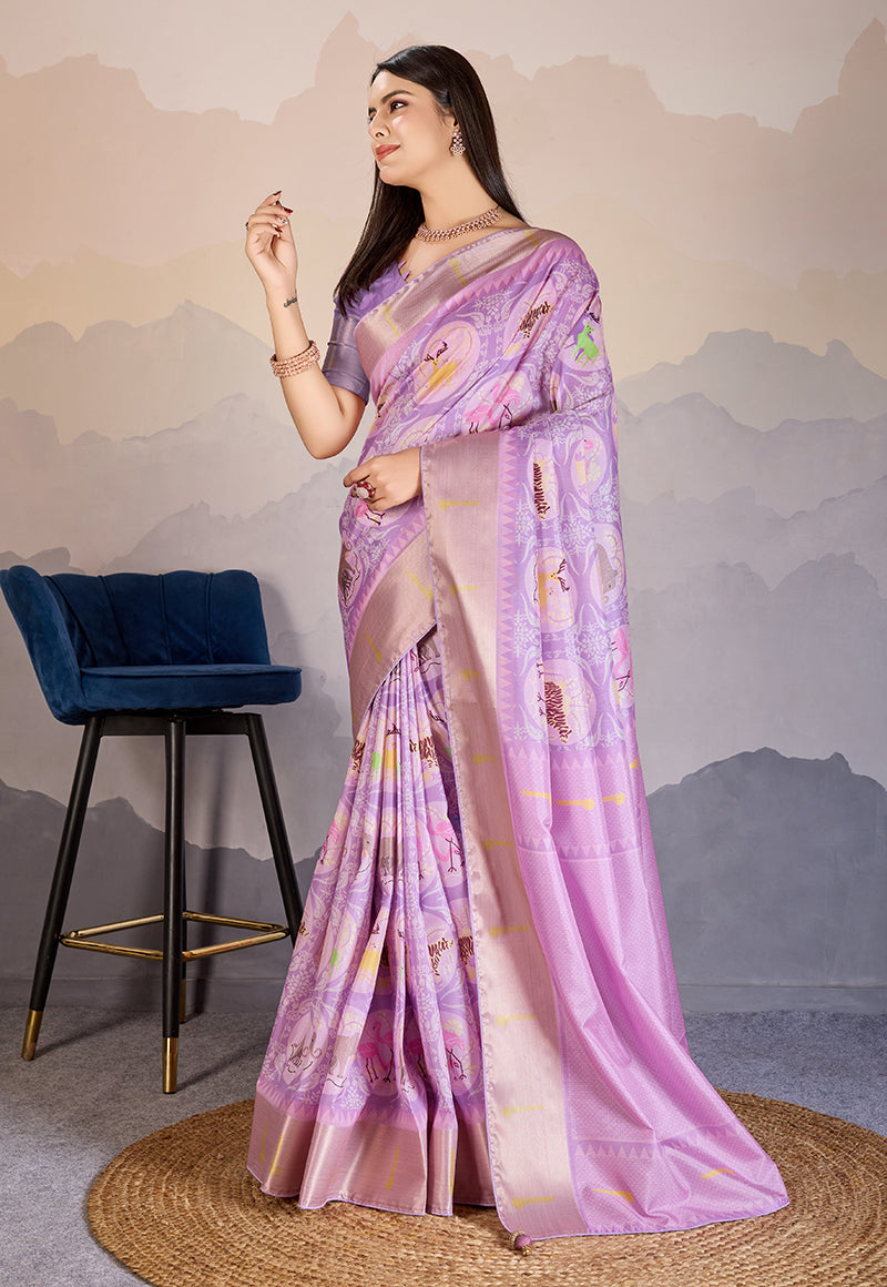 Lilac Dola Satin Digital Printed Saree with Zari Border