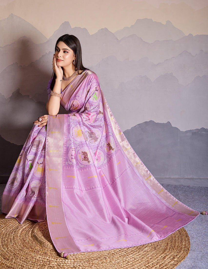 Lilac Dola Satin Digital Printed Saree with Zari Border
