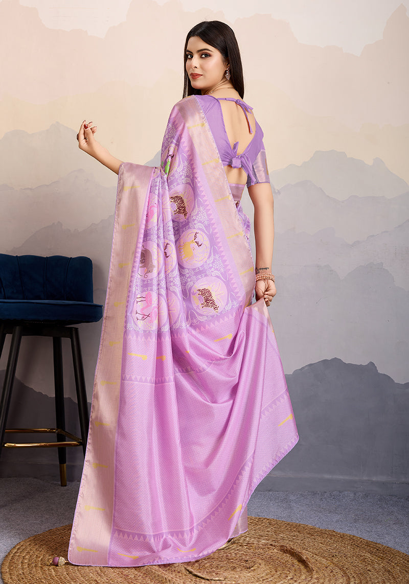 Lilac Dola Satin Digital Printed Saree with Zari Border