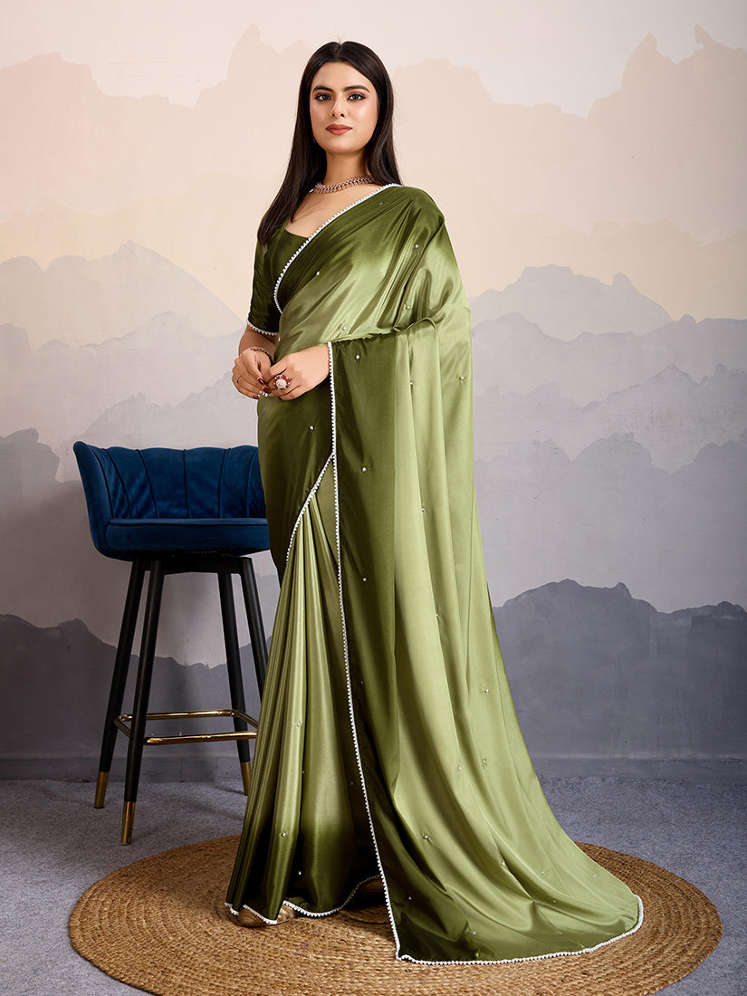 Olive green satin crepe saree with elegant pearl lace border