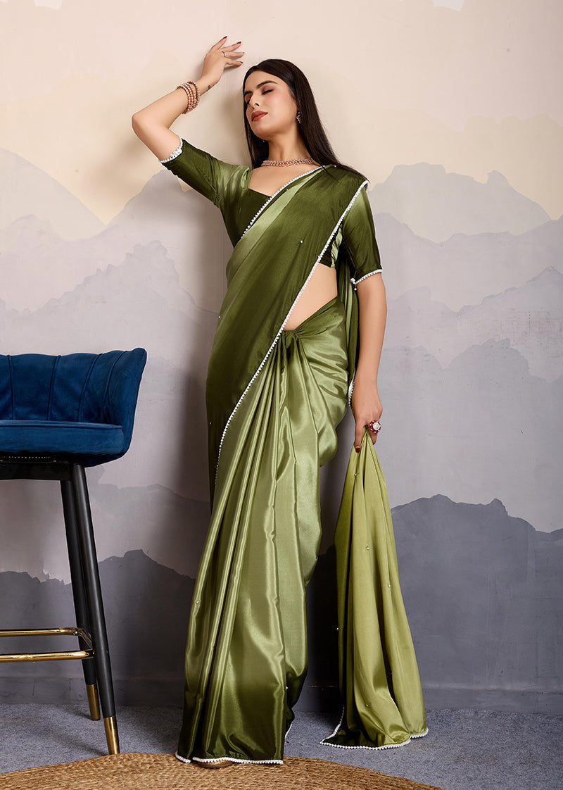 Olive Green Satin Crepe Saree with Pearl Lace Border
