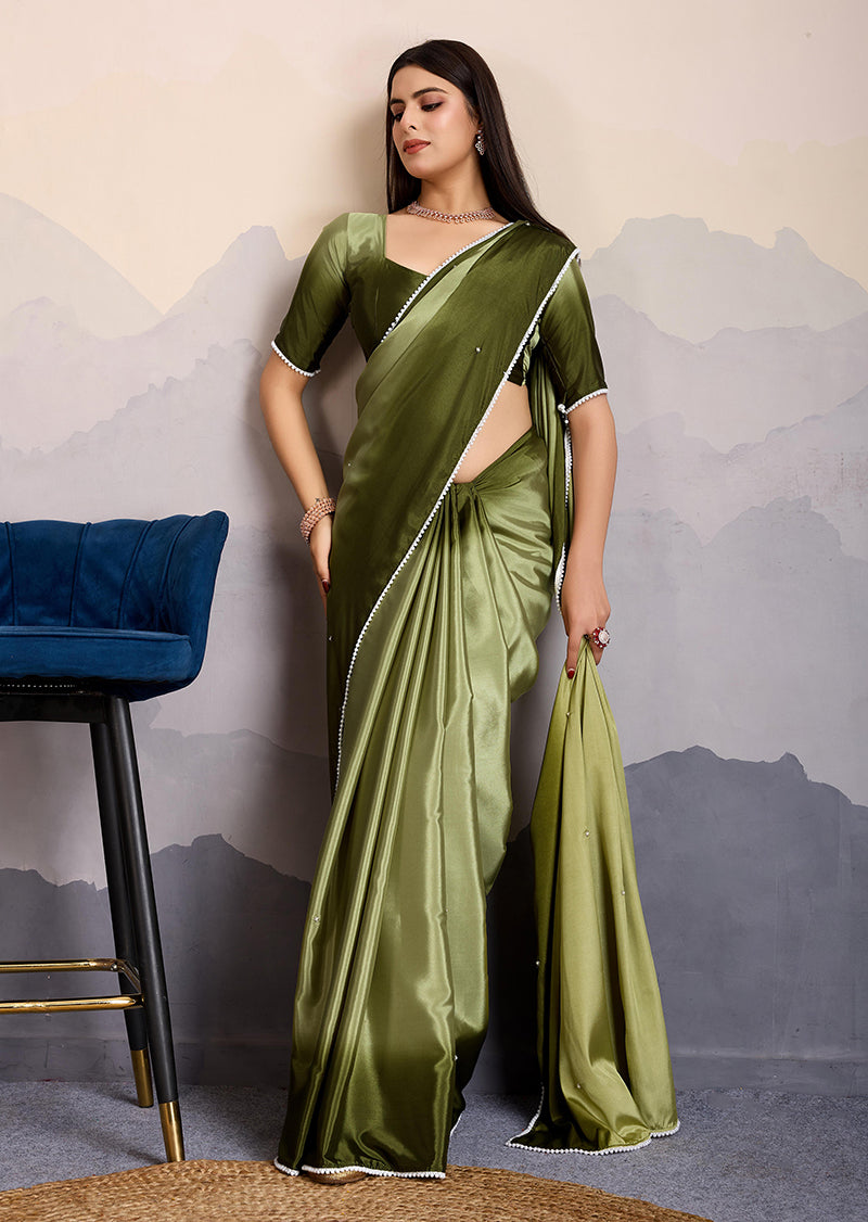 Olive Green Satin Crepe Saree with Pearl Lace Border