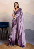 Purple satin crepe party wear saree with elegant pearl lace border