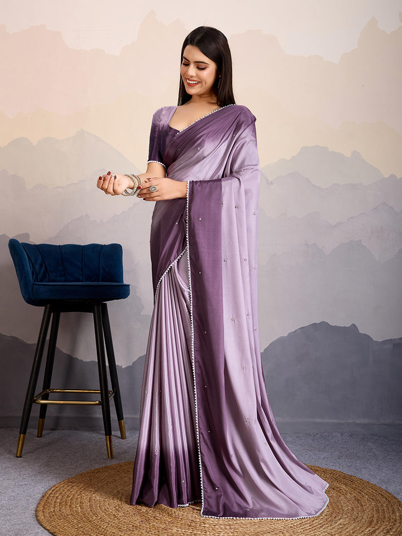 Purple Satin Crepe Saree with Pearl Lace Border for Party Wear