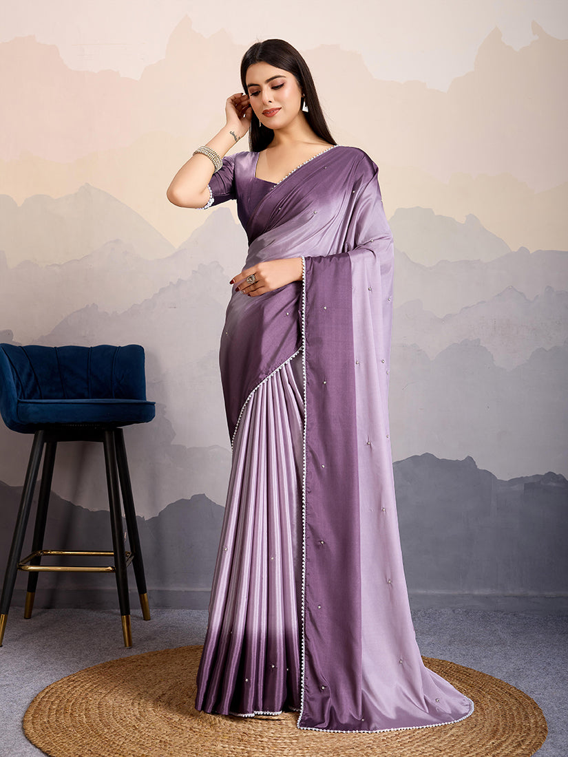 Purple Satin Crepe Saree with Pearl Lace Border for Party Wear