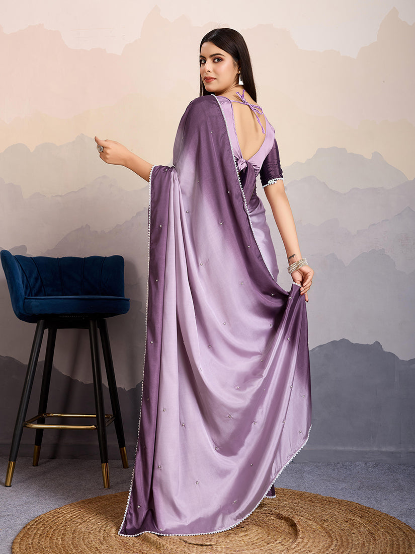 Purple Satin Crepe Saree with Pearl Lace Border for Party Wear