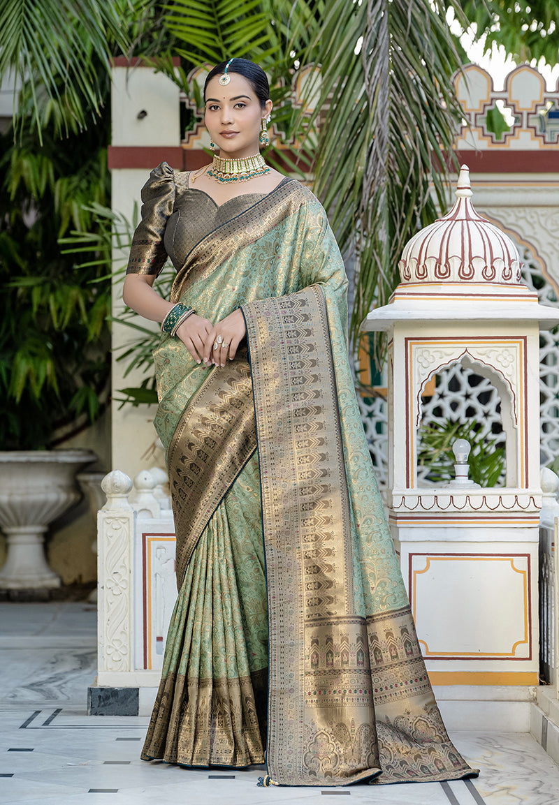 Light Cyan Kanjivaram Silk saree with intricate Meenakari zari weaving and matching blouse.