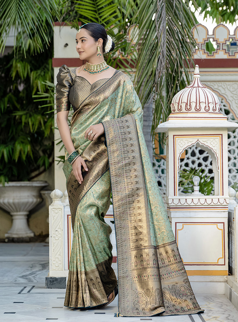 Light Cyan Kanjivaram Silk Saree with Meenakari Zari Weaving