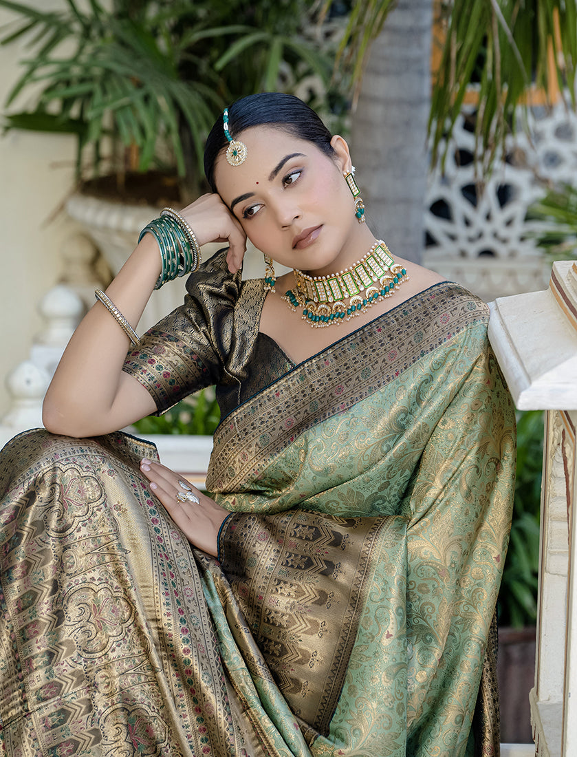 Light Cyan Kanjivaram Silk Saree with Meenakari Zari Weaving