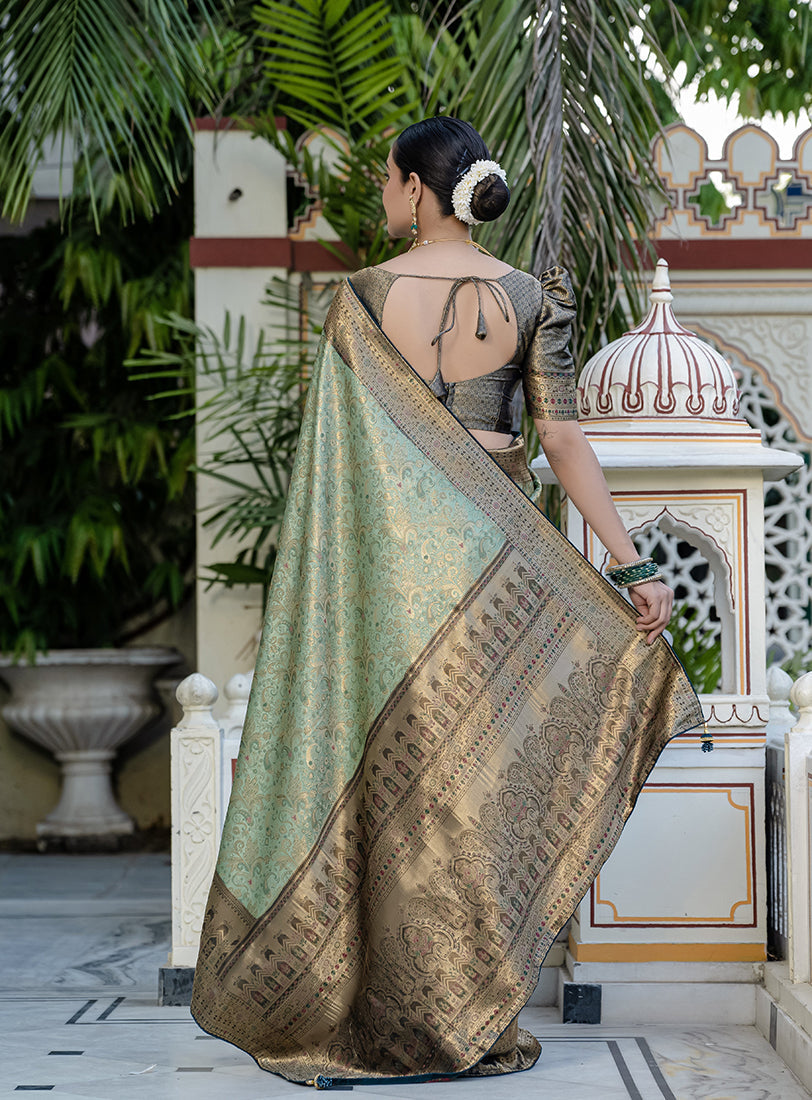 Light Cyan Kanjivaram Silk Saree with Meenakari Zari Weaving