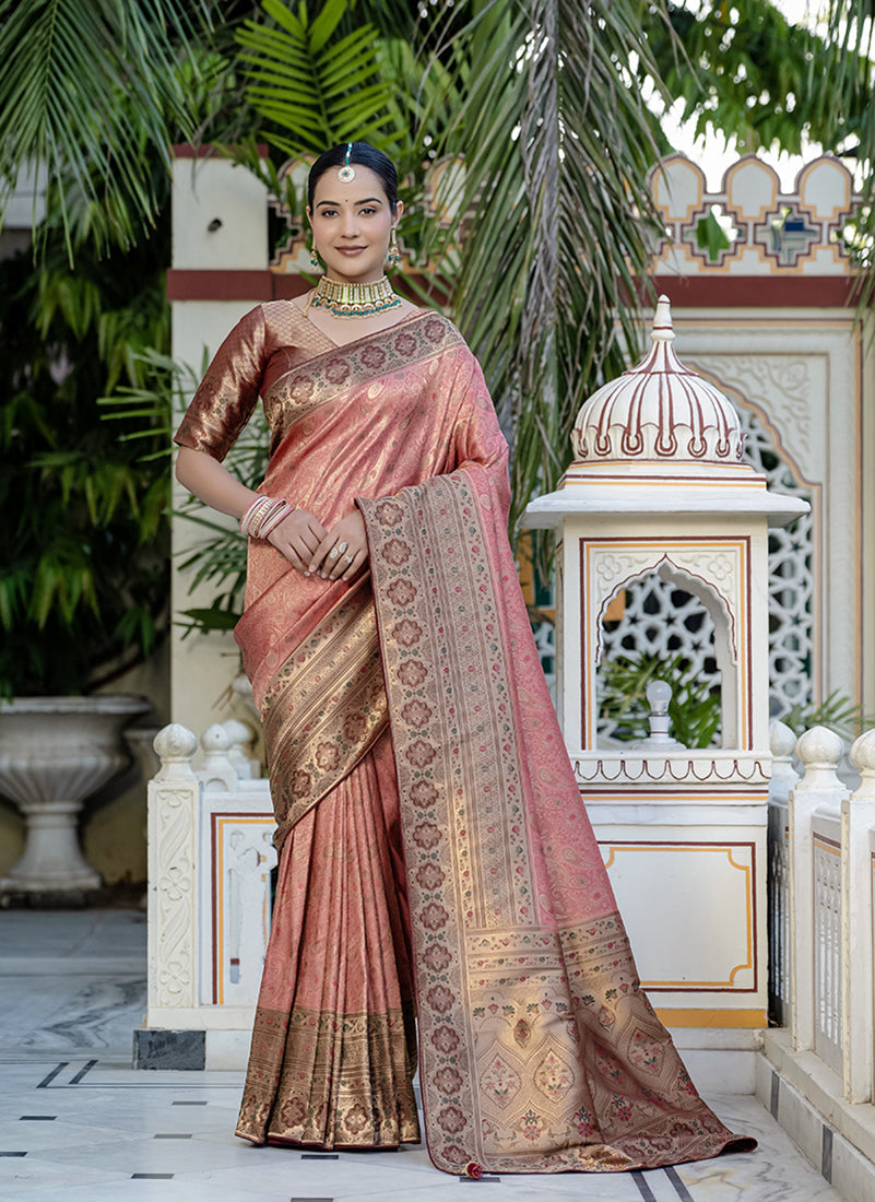 Elegant light red Kanjivaram silk saree with detailed Meenakari weaving and matching blouse piece