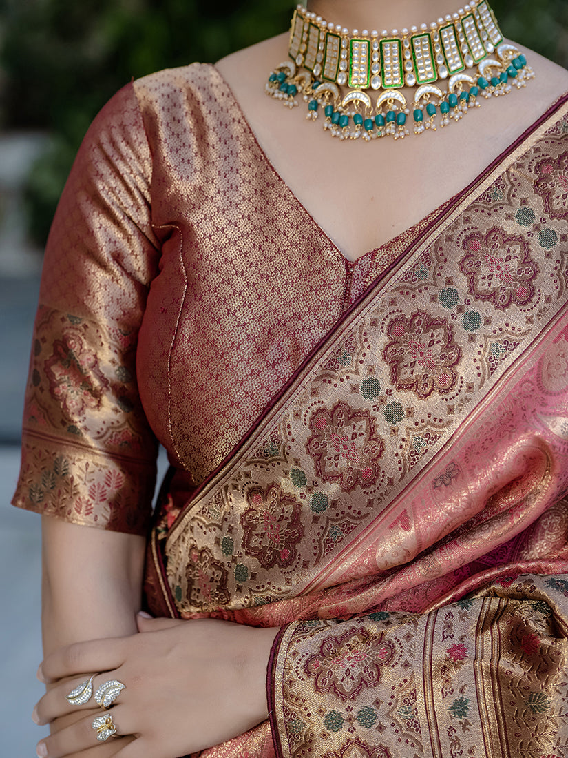 Light Red Kanjivaram Silk Saree with Meenakari Weaving Work