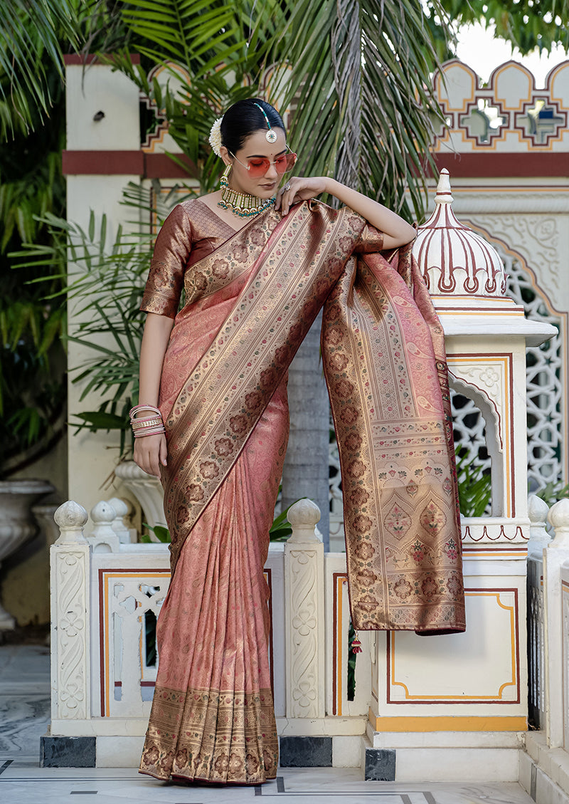 Light Red Kanjivaram Silk Saree with Meenakari Weaving Work