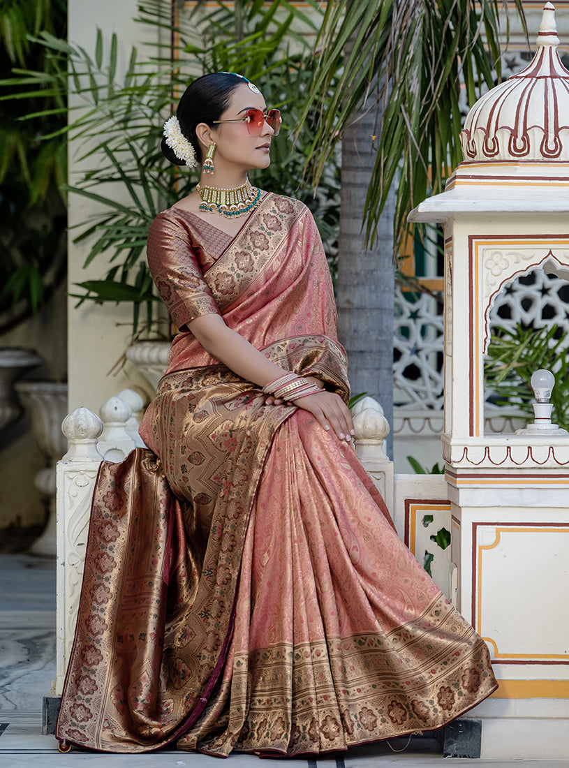 Light Red Kanjivaram Silk Saree with Meenakari Weaving Work