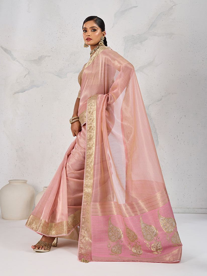 Classic Light Pink woven Tissue Linen saree with soft aesthetic.