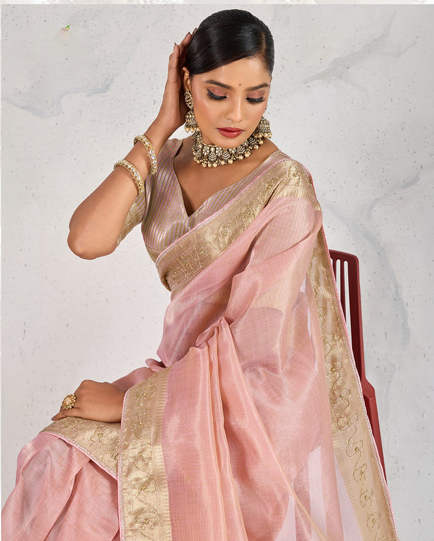 Light Pink Tissue Linen Woven Classic Saree
