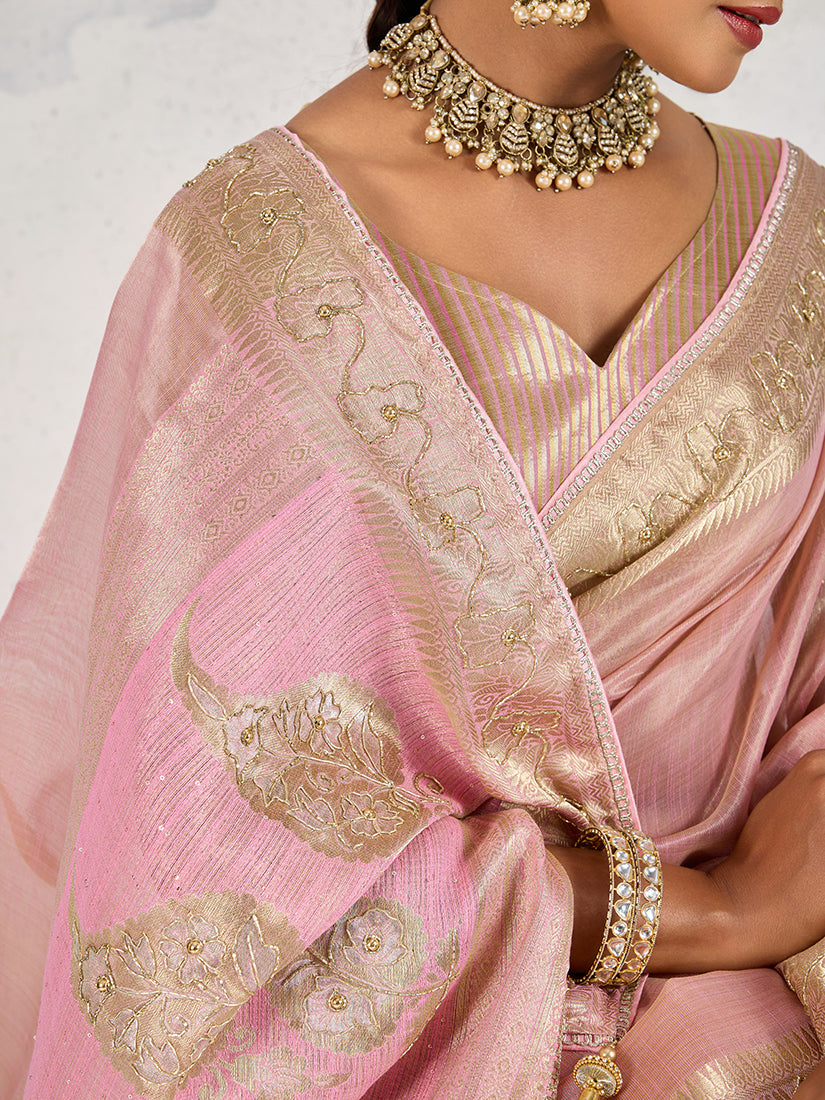 Light Pink Tissue Linen Woven Classic Saree