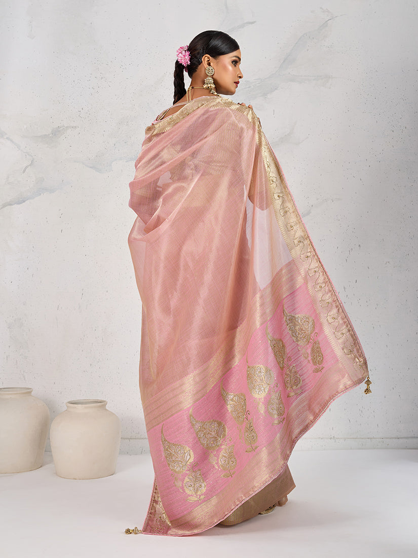 Light Pink Tissue Linen Woven Classic Saree