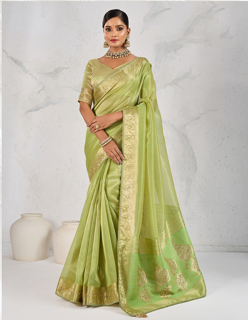 Parrot Green tissue linen woven classic saree with matching blouse.