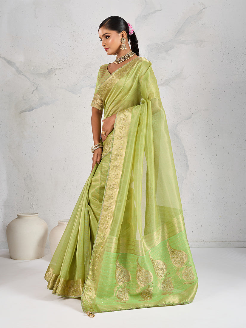 Parrot Green Tissue Linen Woven Classic Saree with Blouse