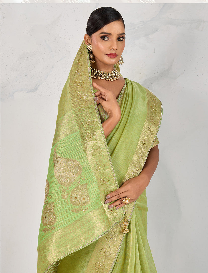 Parrot Green Tissue Linen Woven Classic Saree with Blouse