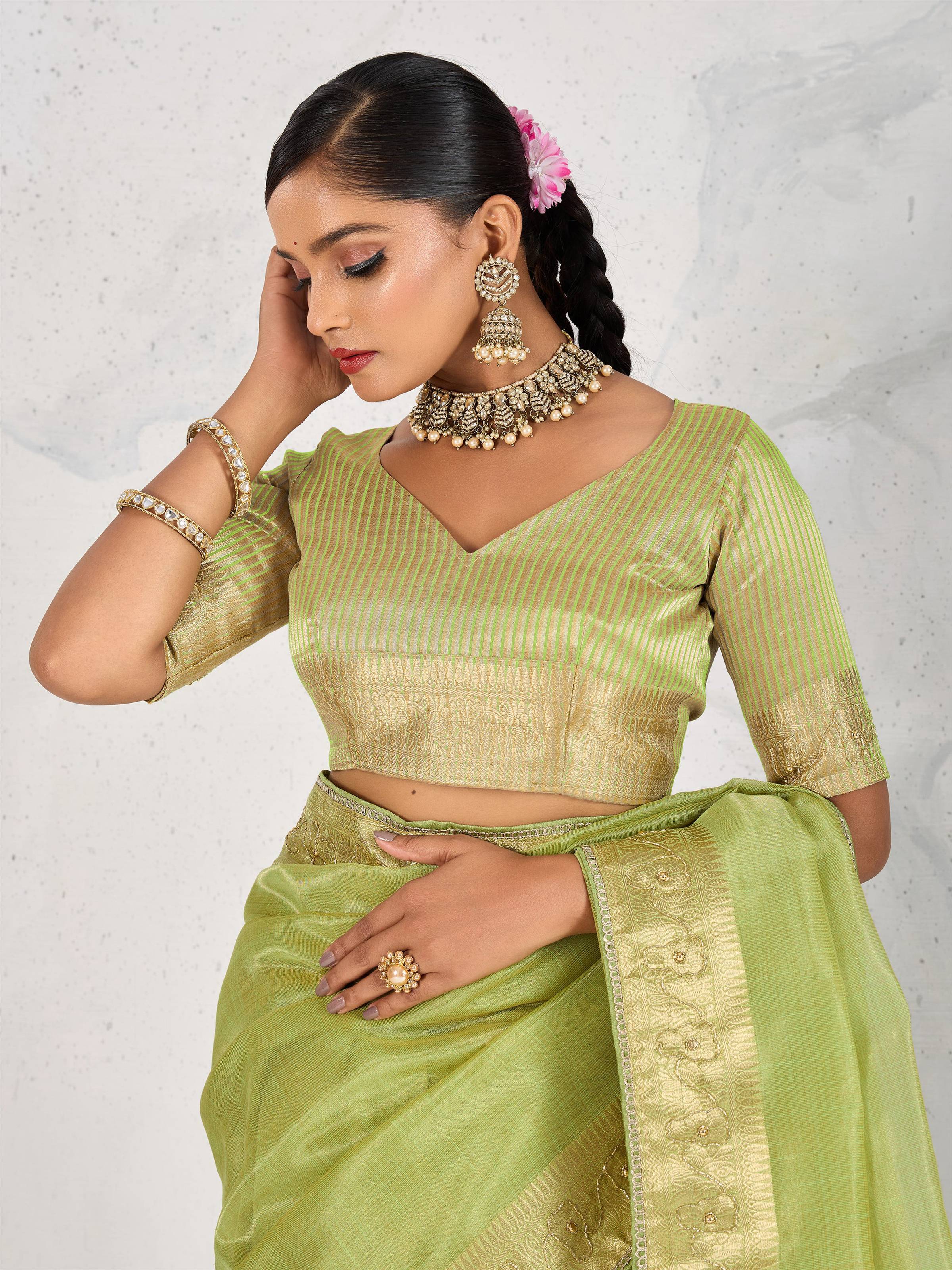 Parrot Green Tissue Linen Woven Classic Saree with Blouse