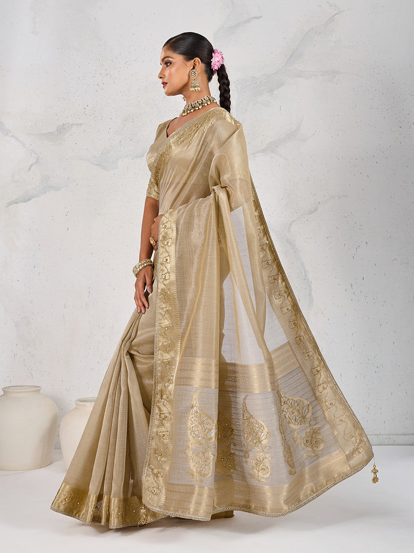Beige Tissue Linen Woven Classic Saree with Hand Embroidery