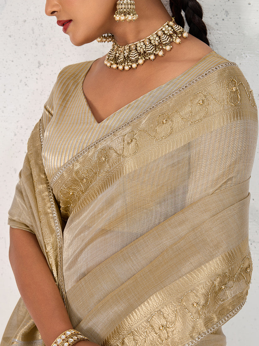 Beige Tissue Linen Woven Classic Saree with Hand Embroidery