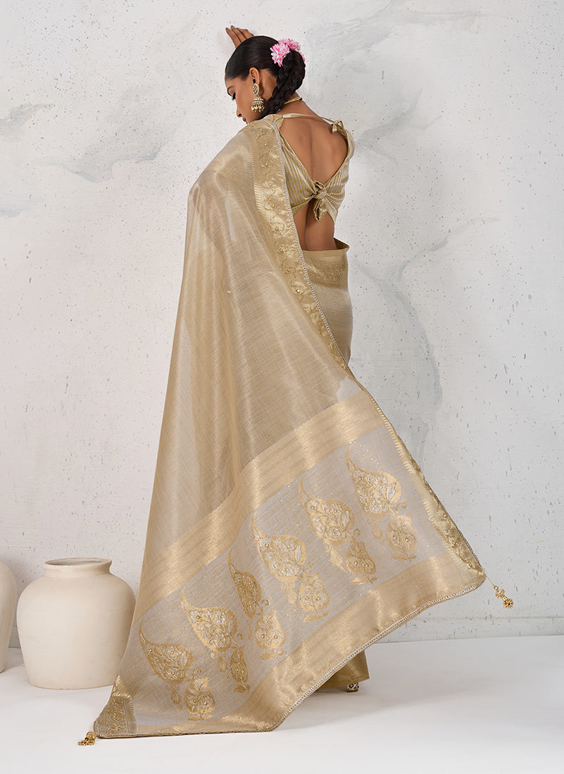 Beige Tissue Linen Woven Classic Saree with Hand Embroidery