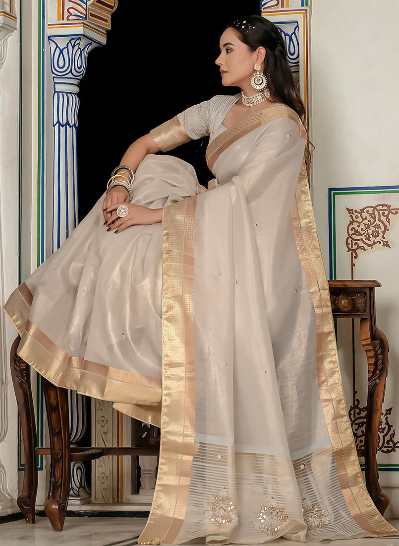 Silver Tissue Linen Khatli Hand Work Designer Saree with Blouse