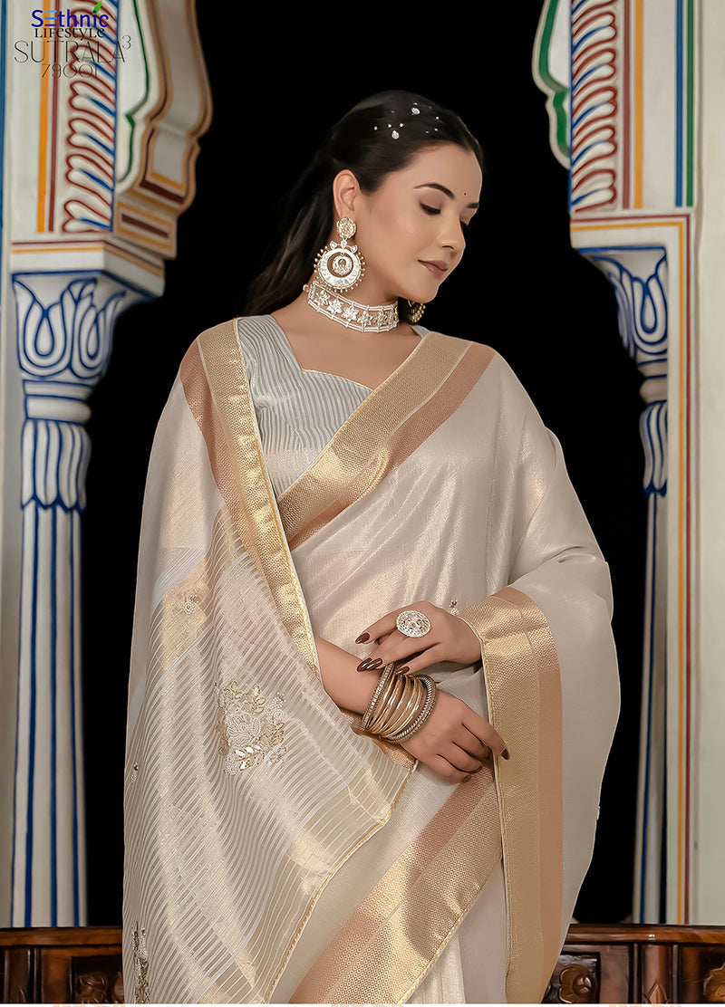 Silver Tissue Linen Khatli Hand Work Designer Saree with Blouse