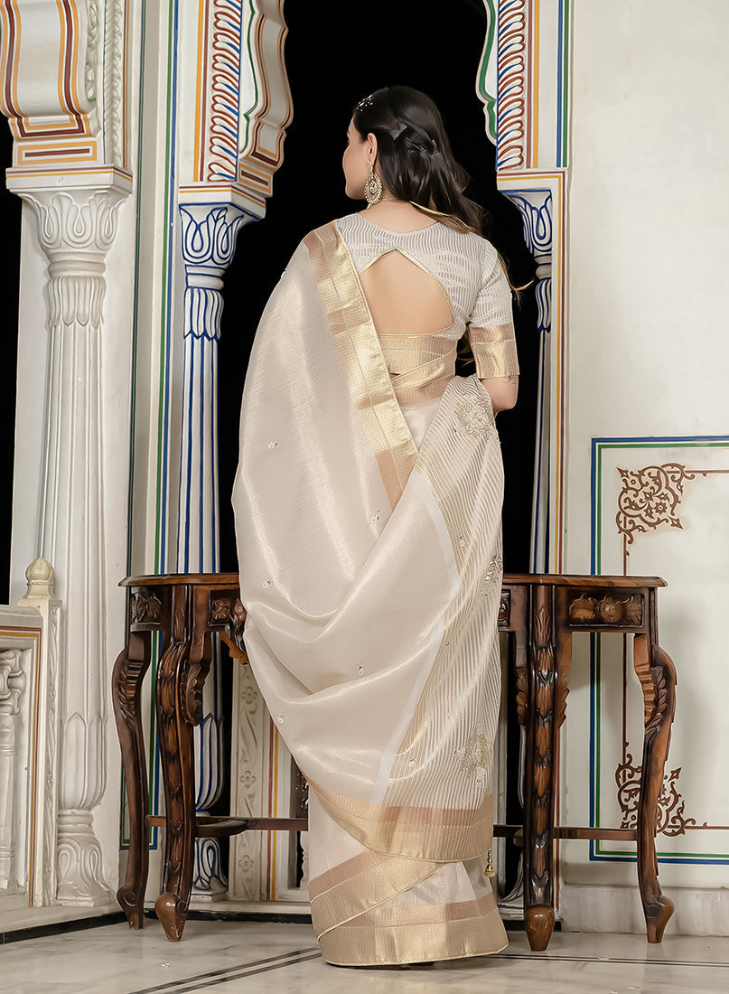 Silver Tissue Linen Khatli Hand Work Designer Saree with Blouse