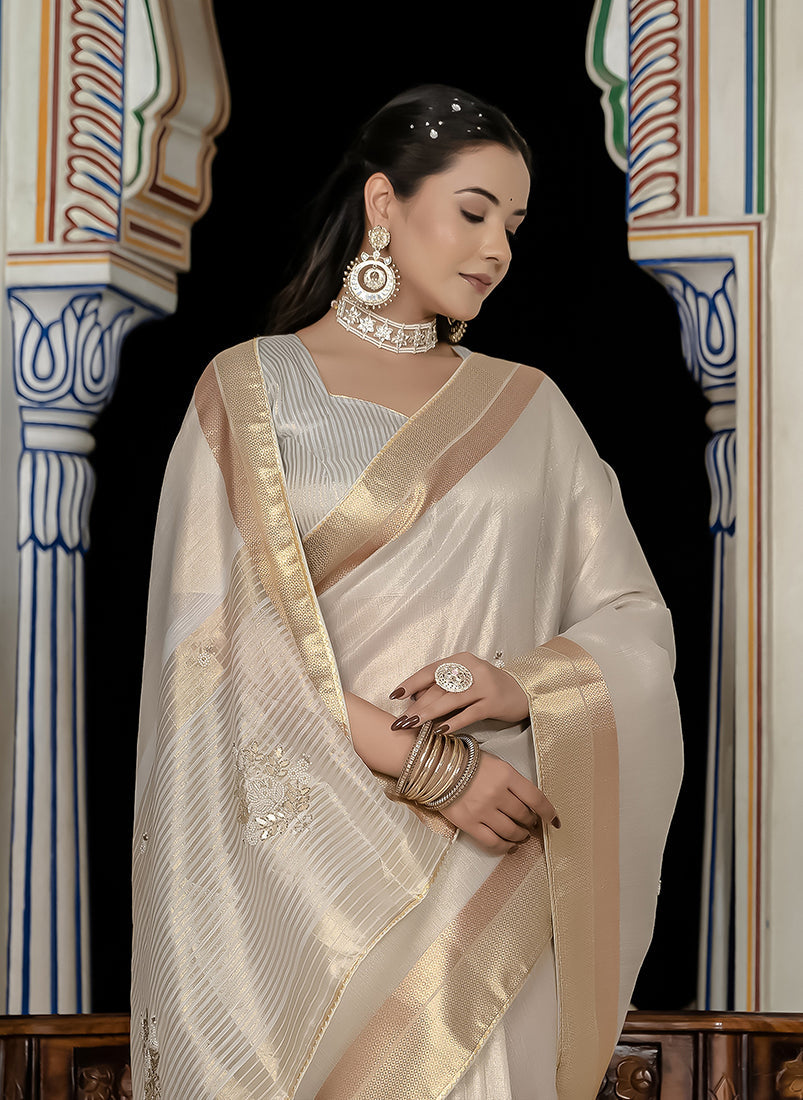 Silver Tissue Linen Khatli Hand Work Designer Saree with Blouse