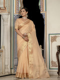 Elegant Light Peach Tissue Linen Saree with detailed Khatli hand work embroidery.