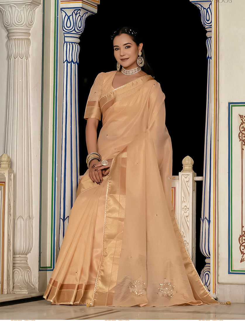 Light Peach Tissue Linen Saree with Khatli Hand Work